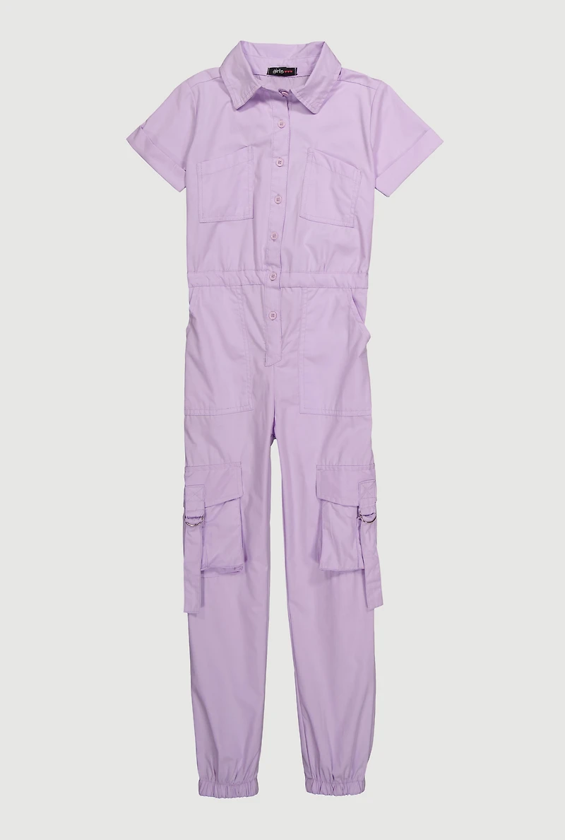 Girls Poplin Pull Tab Utility Jumpsuit, Purple, Size 10-12
