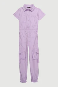 Girls Poplin Pull Tab Utility Jumpsuit, Purple, Size 10-12
