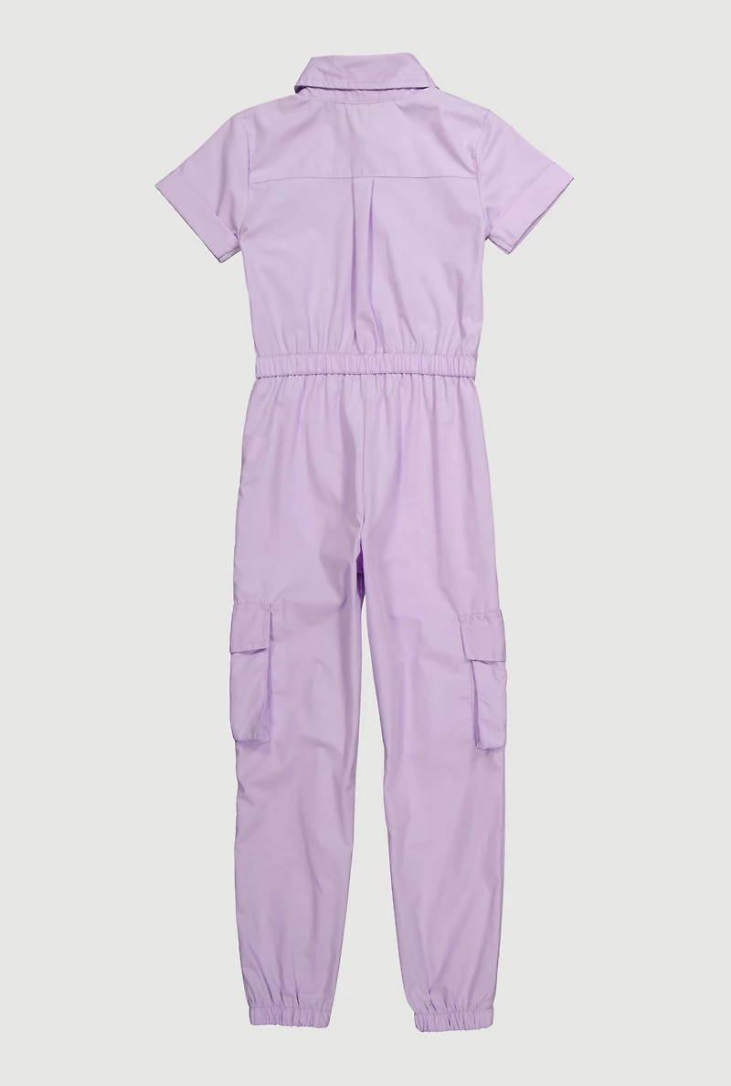 Girls Poplin Pull Tab Utility Jumpsuit, Purple, Size 10-12