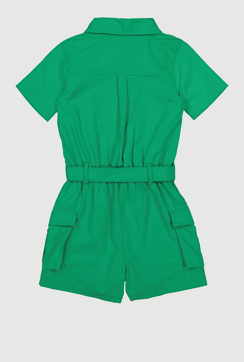 Girls Collared Button Front Cargo Romper with BFF Bracelet