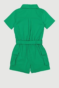 Girls Collared Button Front Cargo Romper with BFF Bracelet