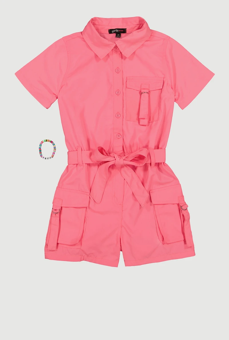 Girls Collared Button Front Cargo Romper with BFF Bracelet