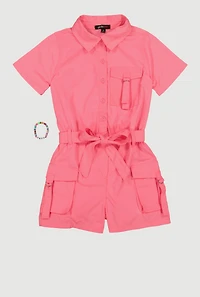 Girls Collared Button Front Cargo Romper with BFF Bracelet