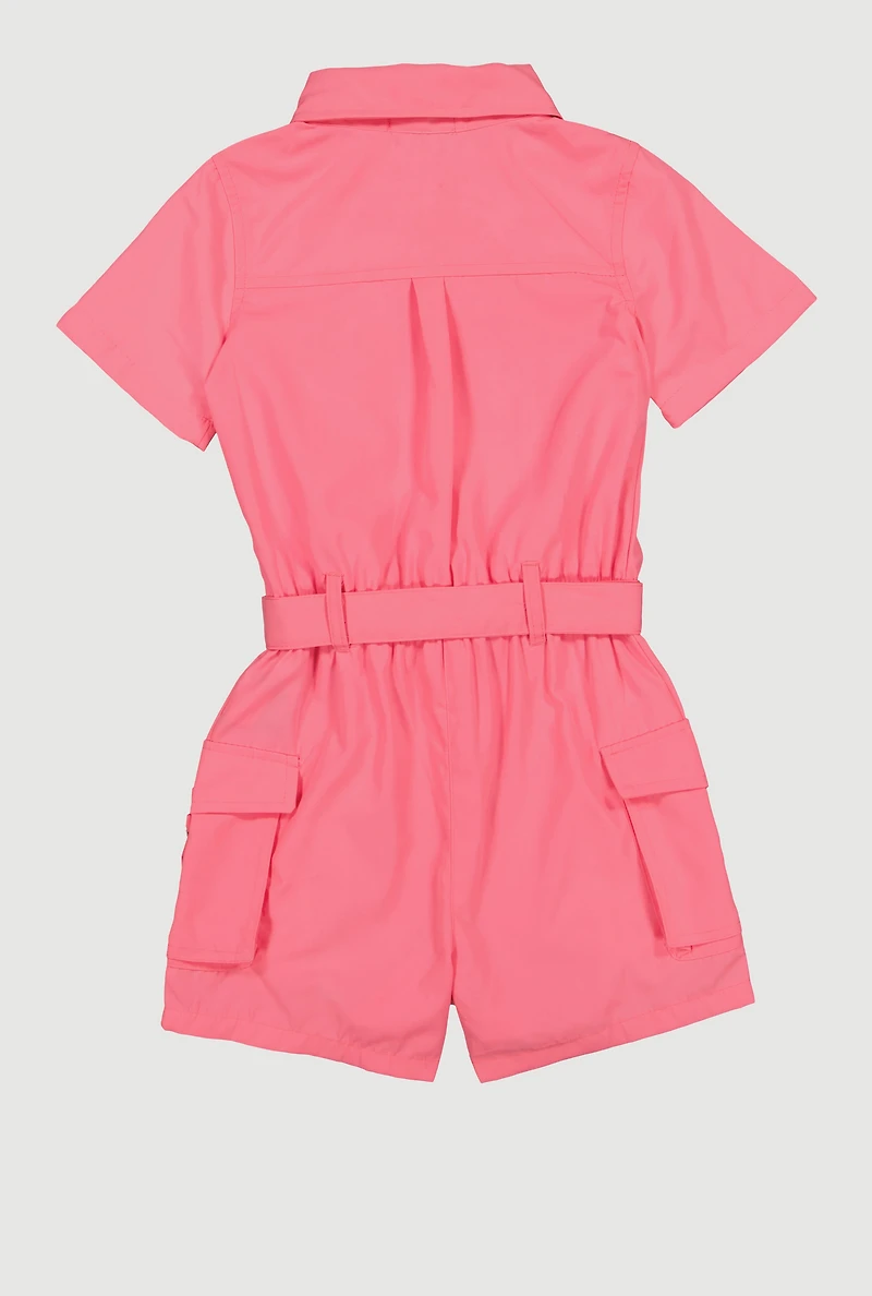 Girls Collared Button Front Cargo Romper with BFF Bracelet