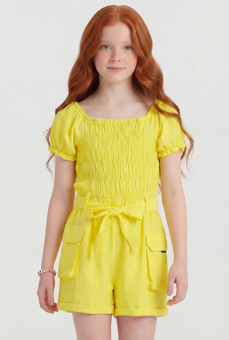 Girls Smocked Romper with Tie Waist Belt and Bracelet