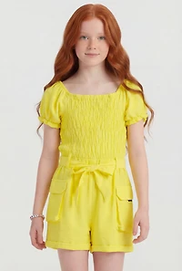 Girls Smocked Romper with Tie Waist Belt and Bracelet