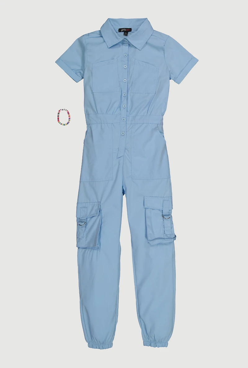 Girls Button Front Cargo Romper with Bracelet