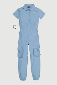 Girls Button Front Cargo Romper with Bracelet