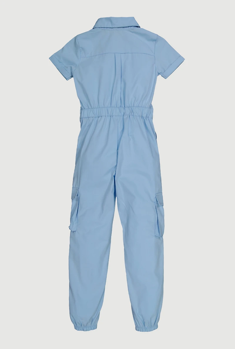 Girls Button Front Cargo Romper with Bracelet