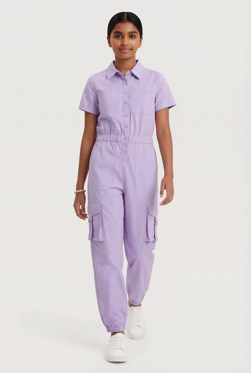 Girls Button Front Cargo Romper with Bracelet