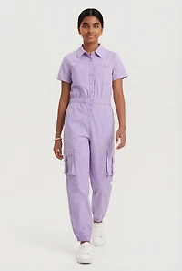 Girls Button Front Cargo Romper with Bracelet