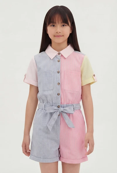 Girls Striped Color Blocked Romper with Tie Waist Belt