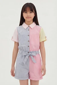 Girls Striped Color Blocked Romper with Tie Waist Belt