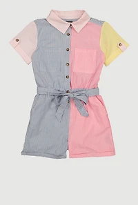 Girls Striped Color Blocked Romper with Tie Waist Belt