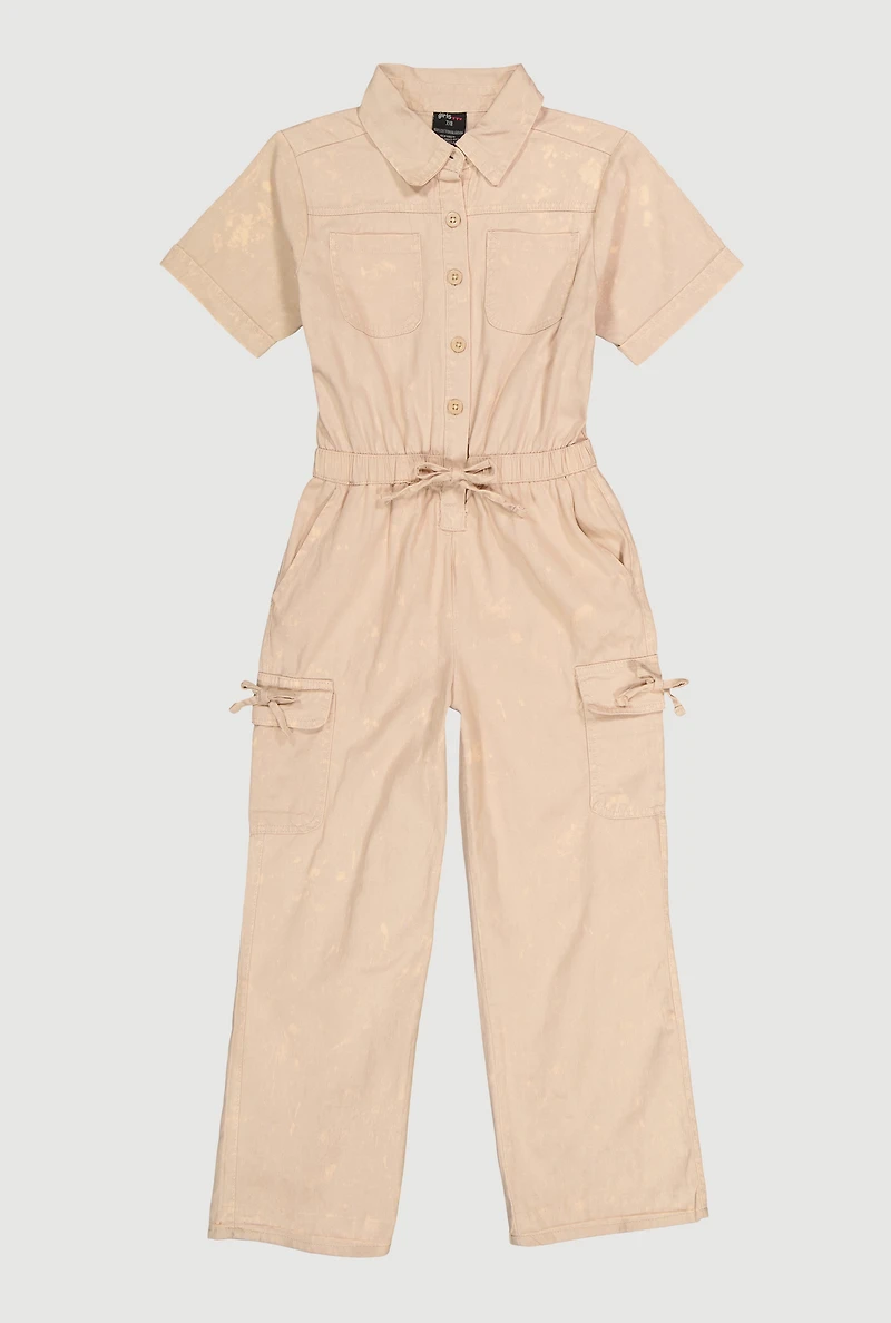 Girls Acid Wash Button Front Cargo Pocket Jumpsuit