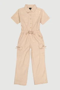 Girls Acid Wash Button Front Cargo Pocket Jumpsuit