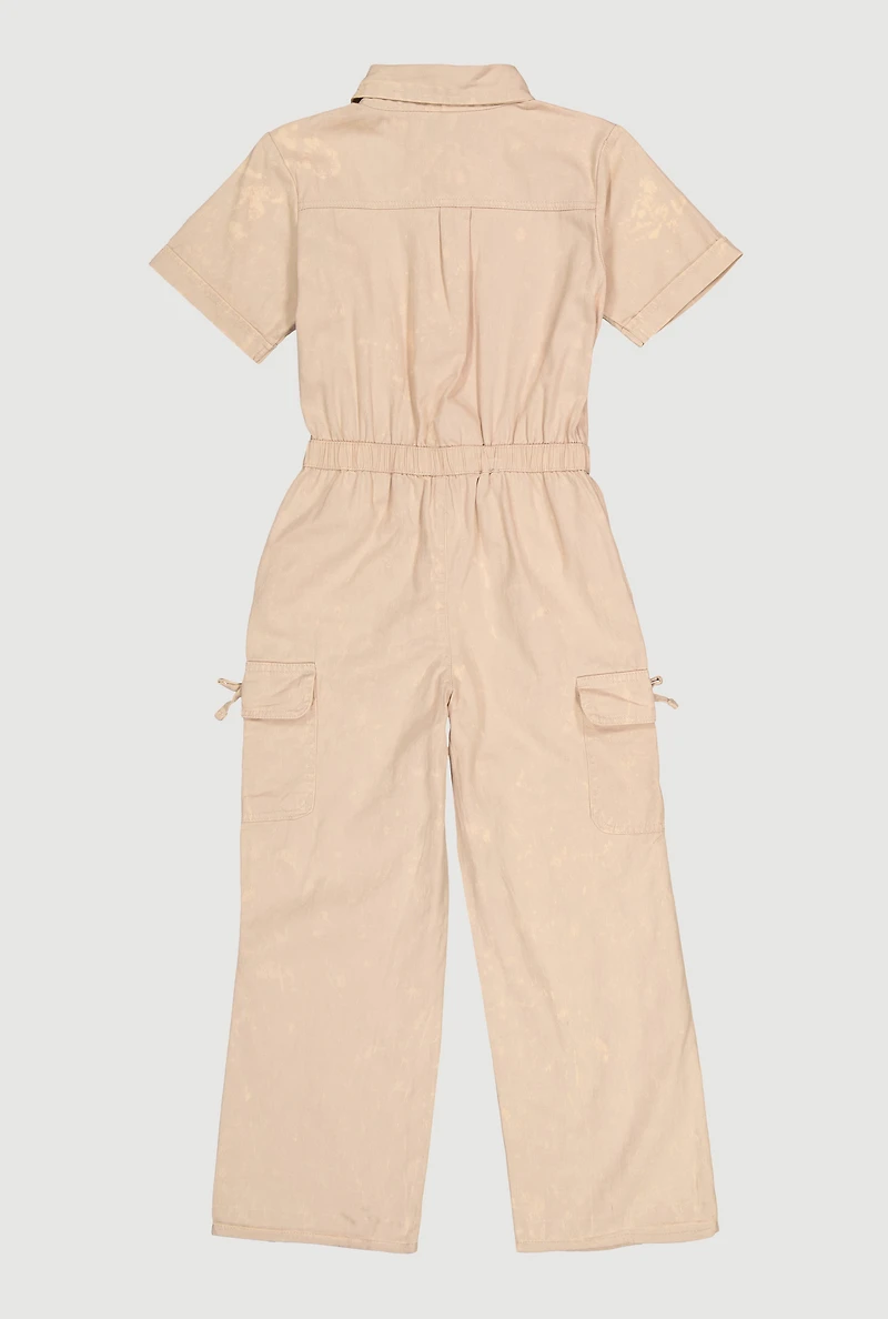 Girls Acid Wash Button Front Cargo Pocket Jumpsuit