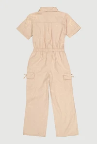 Girls Acid Wash Button Front Cargo Pocket Jumpsuit