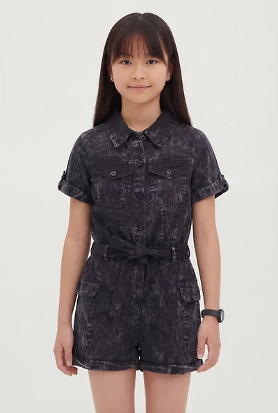 Girls Cargo Romper with Tie Waist Belt