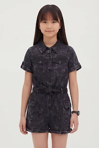 Girls Cargo Romper with Tie Waist Belt