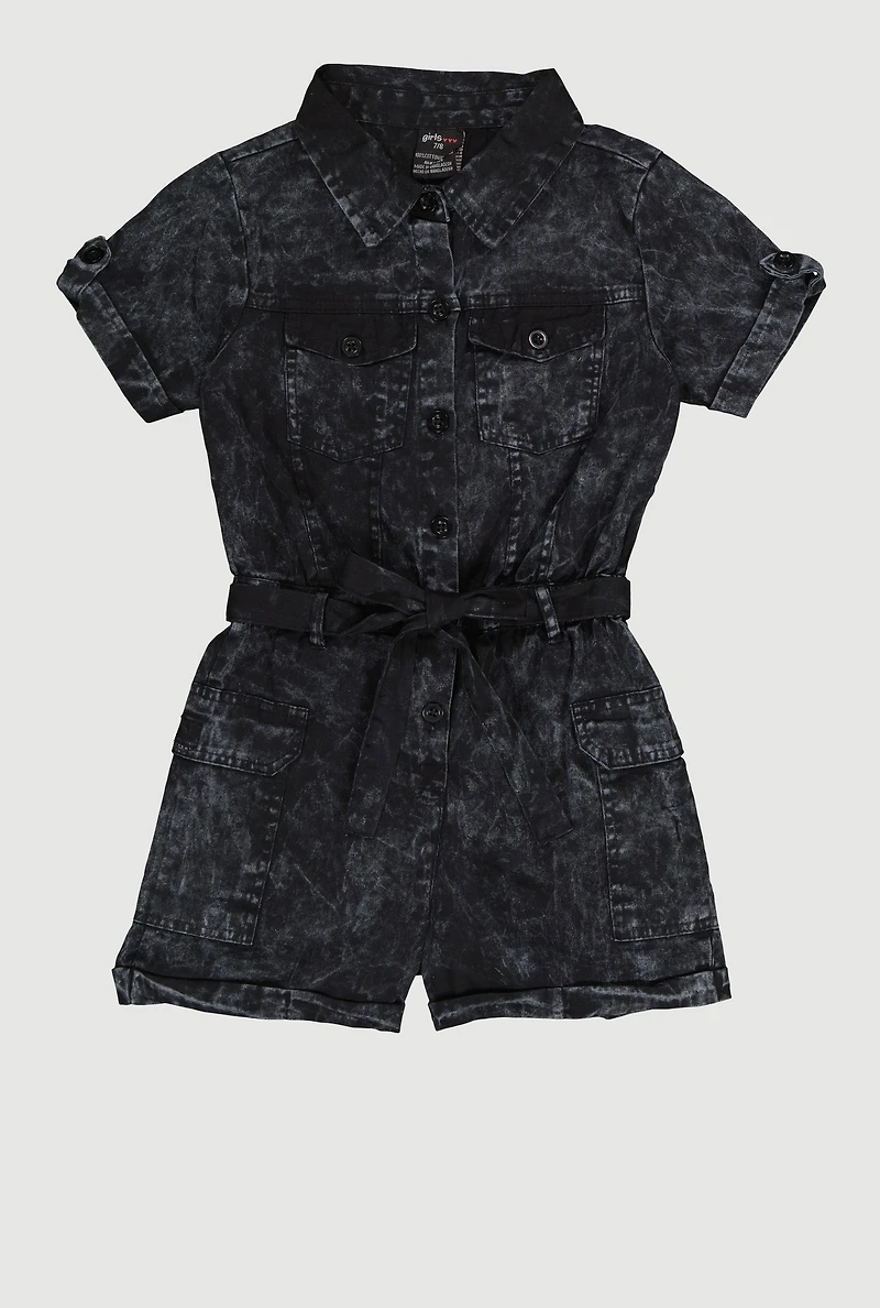 Girls Cargo Romper with Tie Waist Belt
