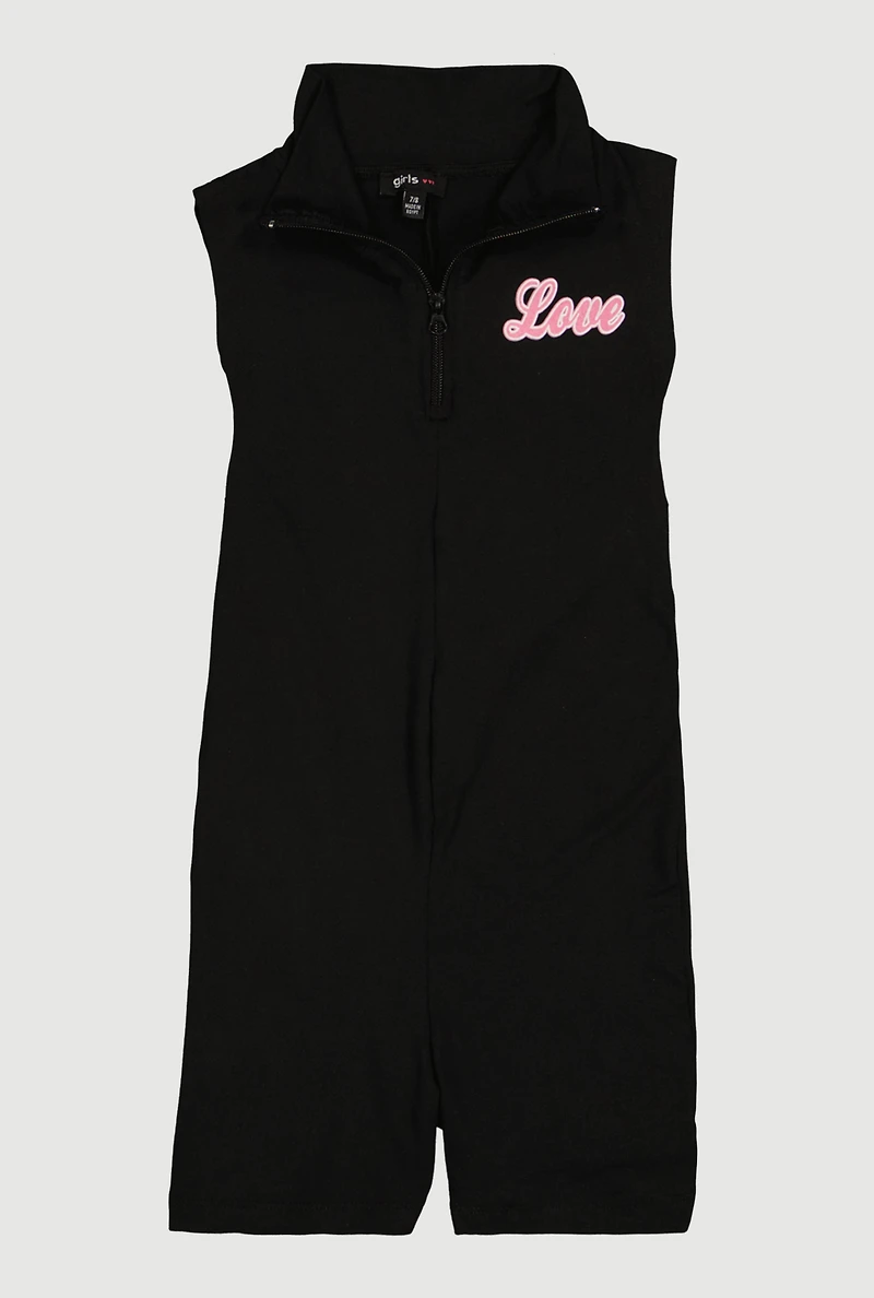 Girls Love Graphic Zip Front Mock Neck Romper
