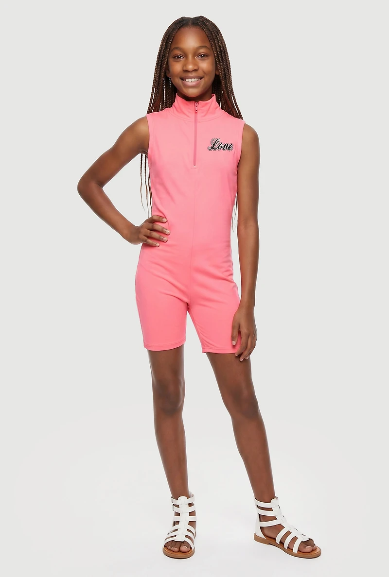 Girls Love Graphic Zip Front Mock Neck Romper
