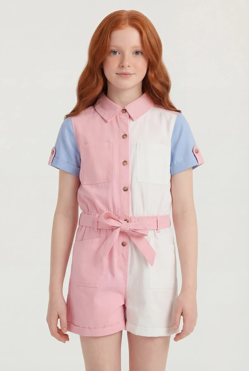 Girls Tie Waist Belted Color Blocked Romper