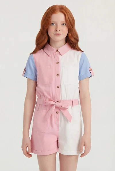 Girls Tie Waist Belted Color Blocked Romper