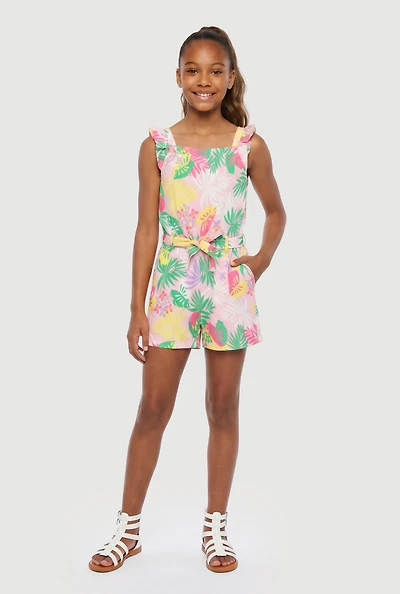 Girls Tropical Floral Romper with Tie Waist Belt