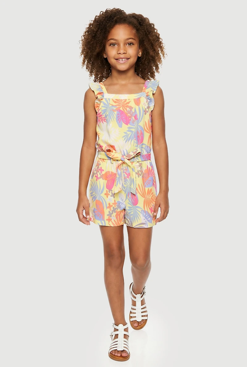 Girls Tropical Floral Romper with Tie Waist Belt