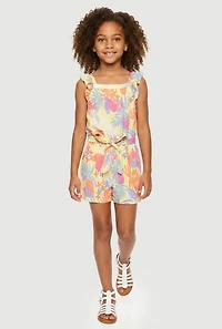 Girls Tropical Floral Romper with Tie Waist Belt