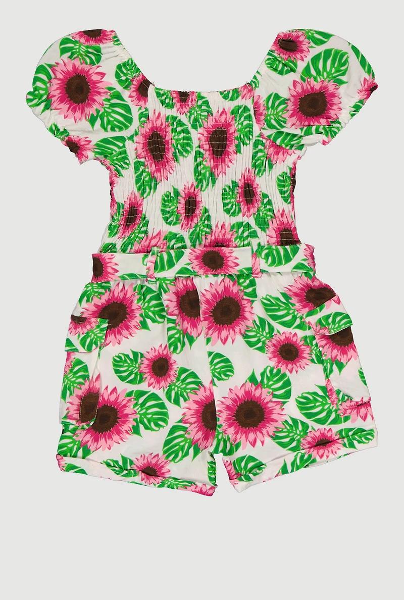 Girls Sunflower Print Cargo Romper with Tie Waist Belt
