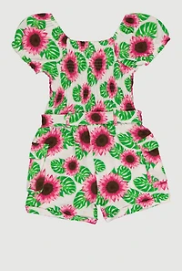 Girls Sunflower Print Cargo Romper with Tie Waist Belt
