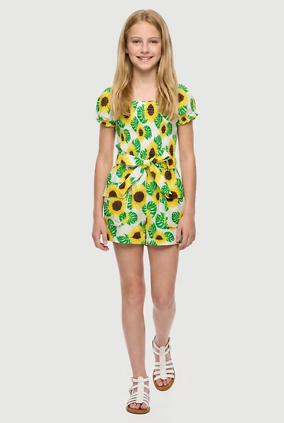 Girls Sunflower Print Cargo Romper with Tie Waist Belt
