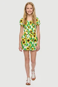 Girls Sunflower Print Cargo Romper with Tie Waist Belt