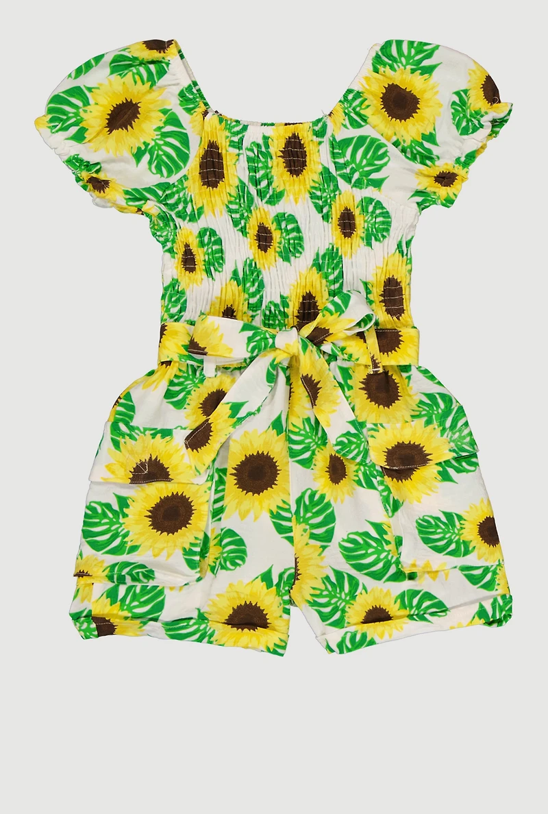 Girls Sunflower Print Cargo Romper with Tie Waist Belt