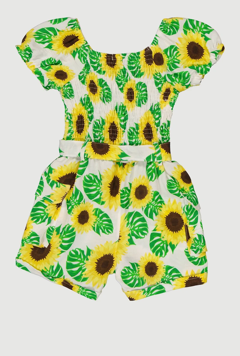 Girls Sunflower Print Cargo Romper with Tie Waist Belt