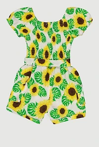 Girls Sunflower Print Cargo Romper with Tie Waist Belt