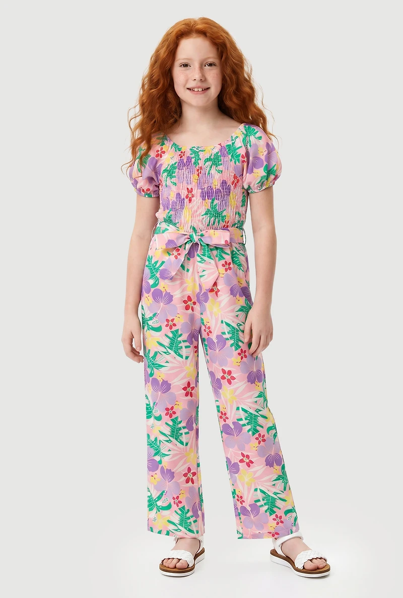 Girls Tropical Floral Jumpsuit with Tie Waist Belt