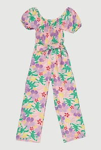 Girls Tropical Floral Jumpsuit with Tie Waist Belt