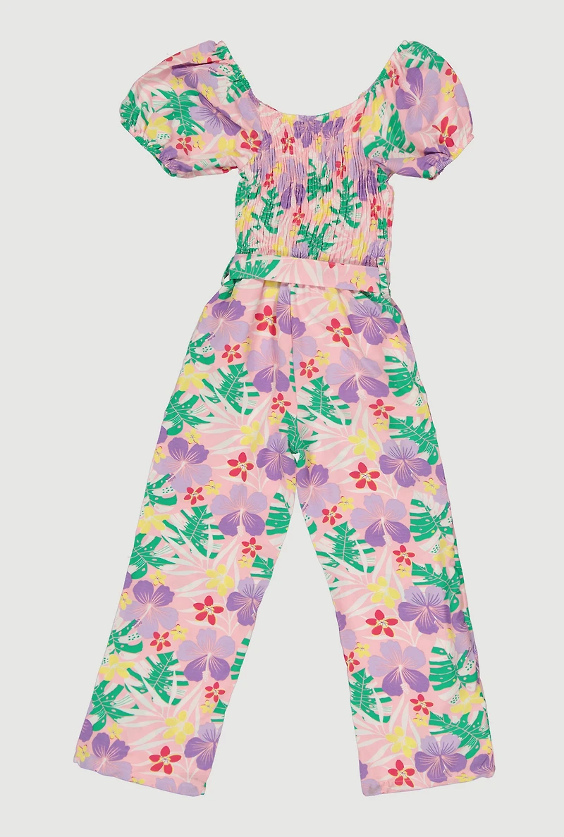 Girls Tropical Floral Jumpsuit with Tie Waist Belt