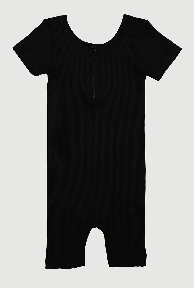 Girls Rib Knit Quarter Zip Front Bike Short Romper