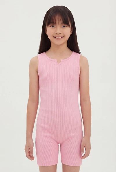 Girls Notch Neck Ribbed Knit Biker Romper