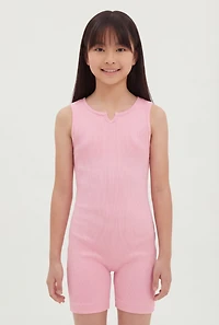 Girls Notch Neck Ribbed Knit Biker Romper