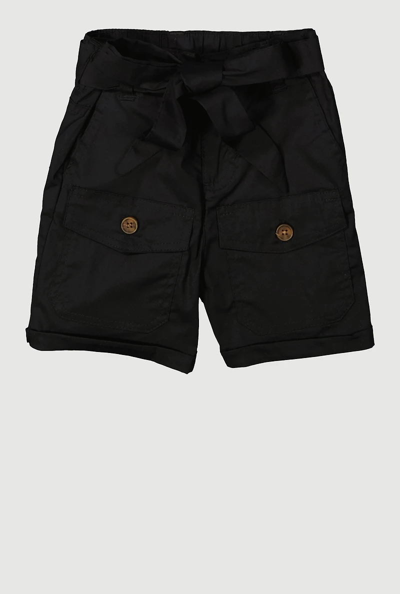 Little Girls Tie Waist Belted Cargo Pocket Shorts, Black, Size 6X