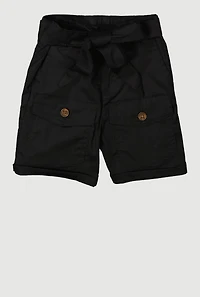 Little Girls Tie Waist Belted Cargo Pocket Shorts, Black, Size 6X