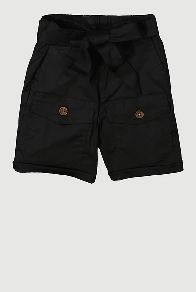 Little Girls Tie Waist Belted Cargo Pocket Shorts,