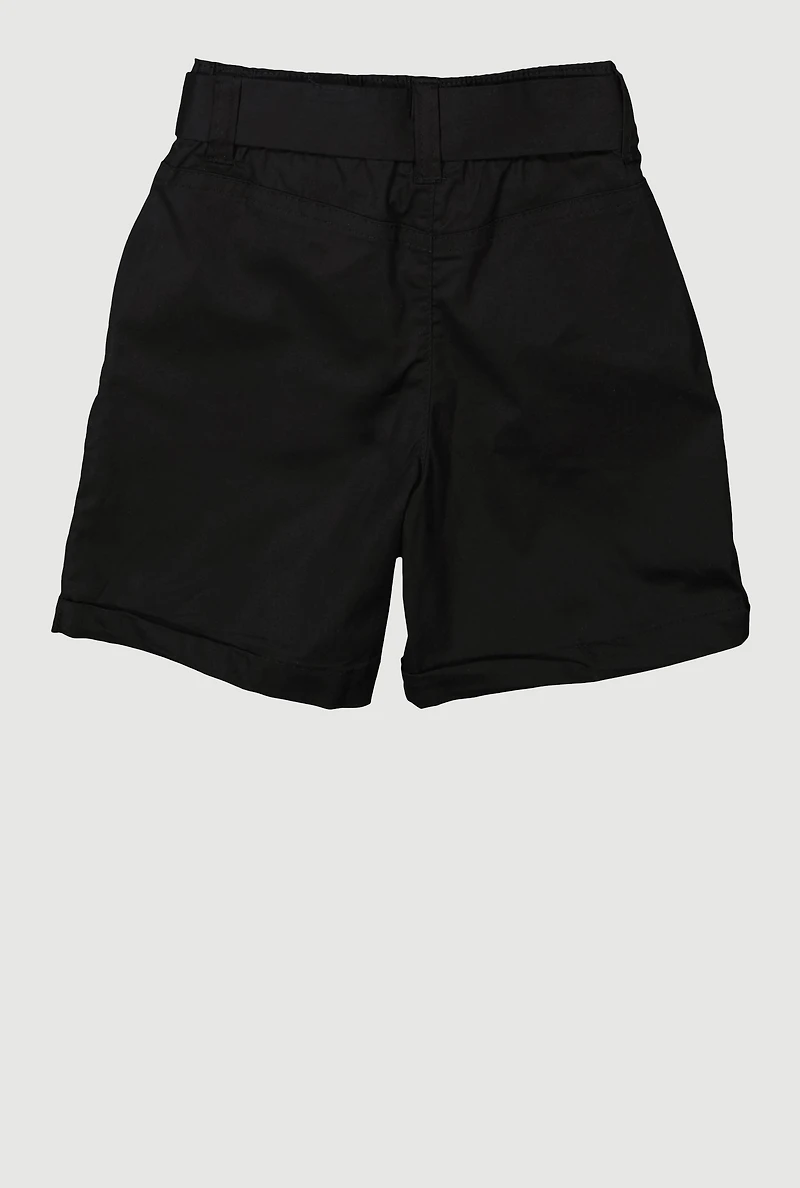 Little Girls Tie Waist Belted Cargo Pocket Shorts, Black, Size 6X