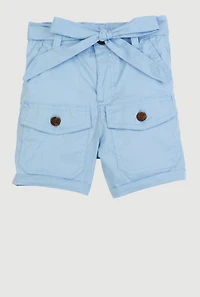Little Girls Tie Waist Belted Cargo Pocket Shorts, Blue, Size 4